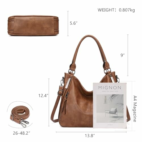 Brown leather handbag with dimensions and adjustable strap.