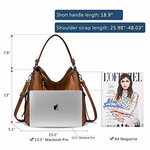 Brown leather handbag with size comparison to MacBook Pro and magazine