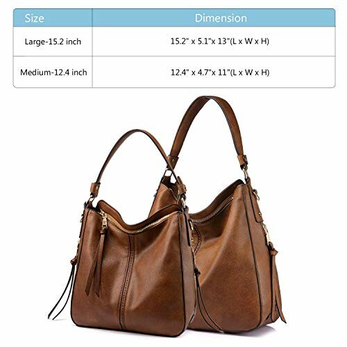 Two brown leather handbags with size dimensions chart