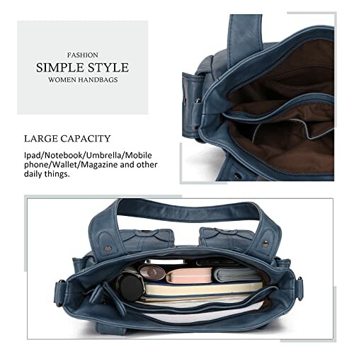 Blue handbag showing large capacity with various items inside.