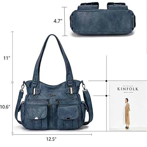 Blue leather handbag with dimensions shown, featuring multiple pockets and a shoulder strap.