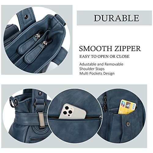 Blue handbag with smooth zipper, adjustable straps, and multi-pocket design.