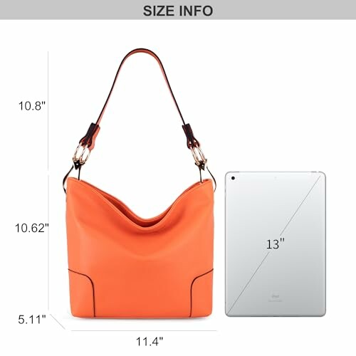 Orange handbag with size comparison to a 13-inch tablet.